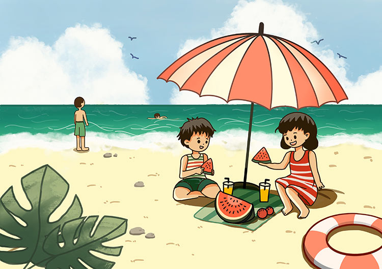 夏日沙滩海边游泳吃西瓜清凉避暑童年童趣