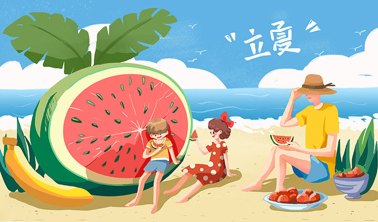 立夏场景一家人在沙滩海边游玩吃西瓜