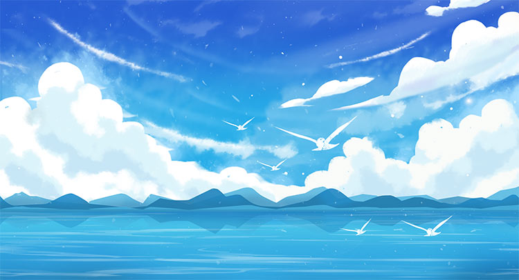 卡通漫画手绘夏天蓝天白云海边装饰背景