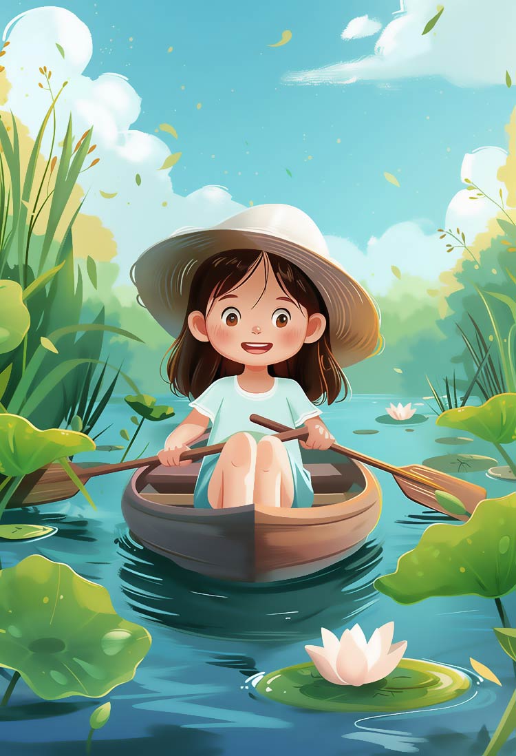 夏天开心女孩划船游湖插画背景