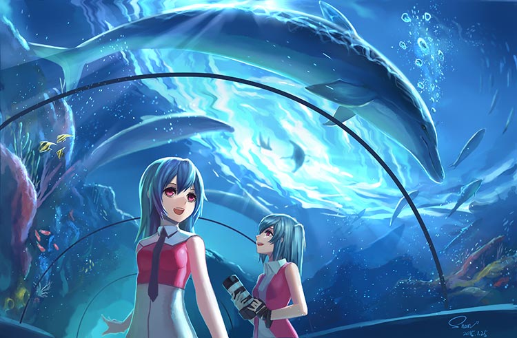 水族馆 可爱初音女孩4k动漫背景