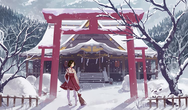 扫雪的小女孩雪寺庙寺院动漫背景